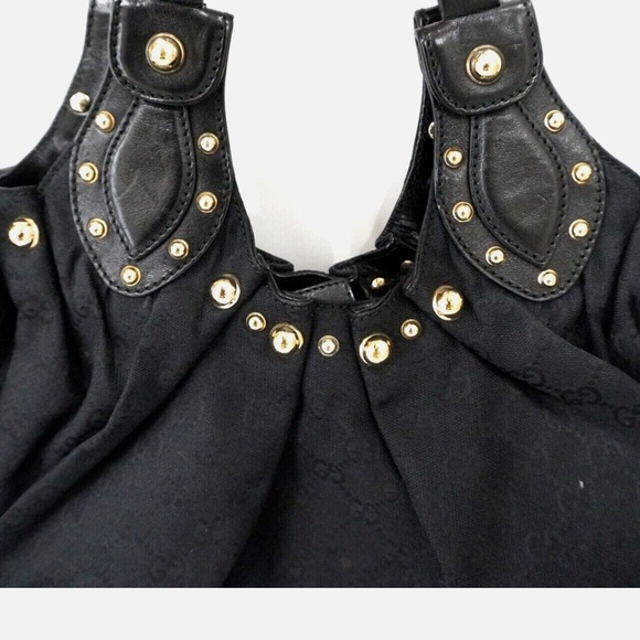 Authentic GUCCI Shoulder Bag GG Canvas and Leather Pelham Studded Hobo Black - Picture 2 of 6